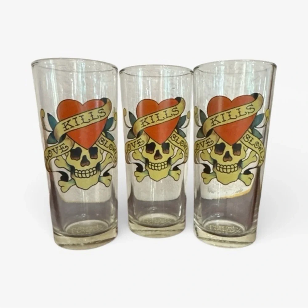 Ed Hardy Y2K Tattoo Skull Design Glasses 3 PC Set Drinkware Glassware Kitchen